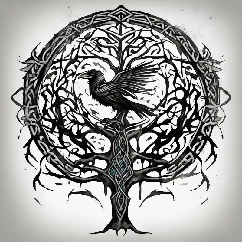 watercolor style Raven Tattoo Ideas in 2025 about Irish shoulder tattoo and that is non-religious and has a Celtic tree and tribal ravens glitter tattoo